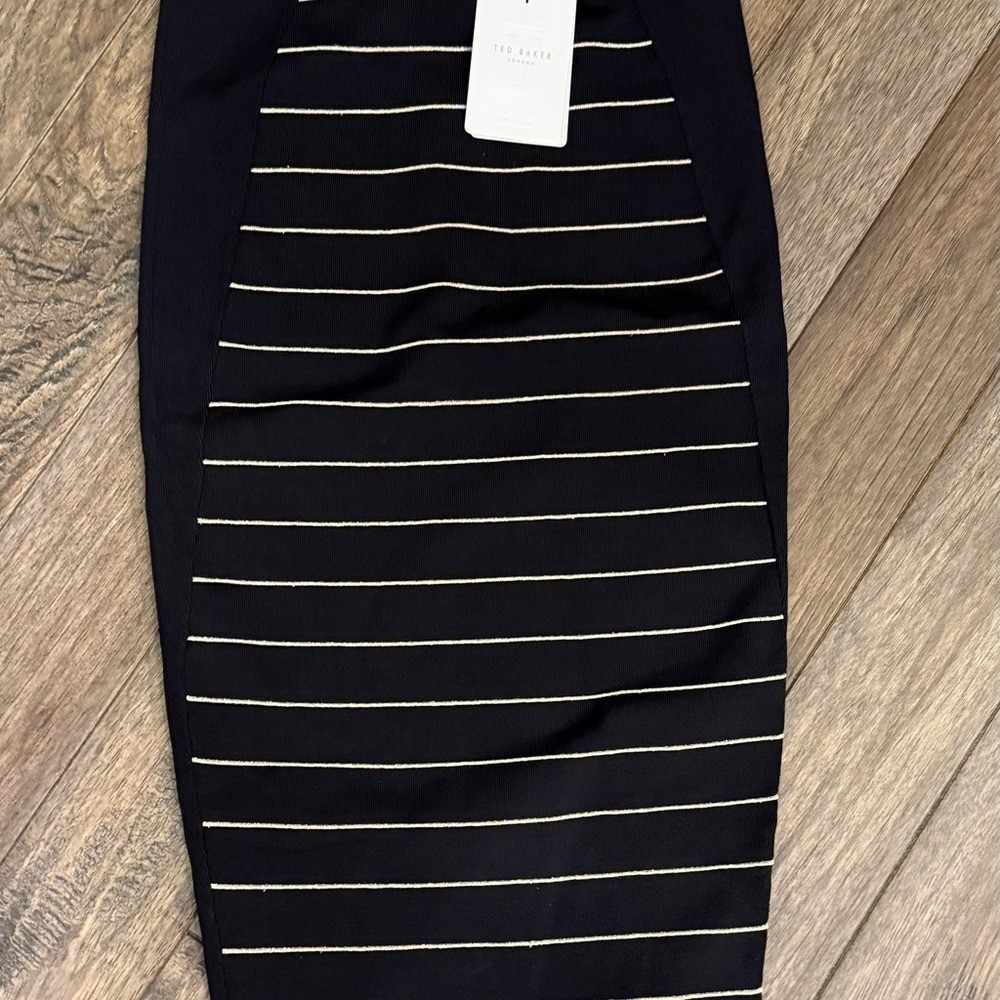 Ted Baker Shelpa Pencil Skirt Womens 1 Black Gold Striped Ribbed Knit Zip Back